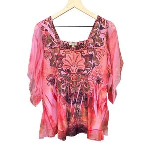 One World Boho Blouse Plus 1X Pink Floral Sheer Flutter Sleeve Square Neck Top